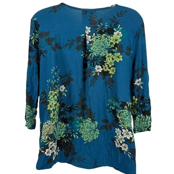 J Jill Wearever Collection Womens Floral Knit Stretch 3/4 Sleeve Blue Top NWT M - Picture 13 of 16